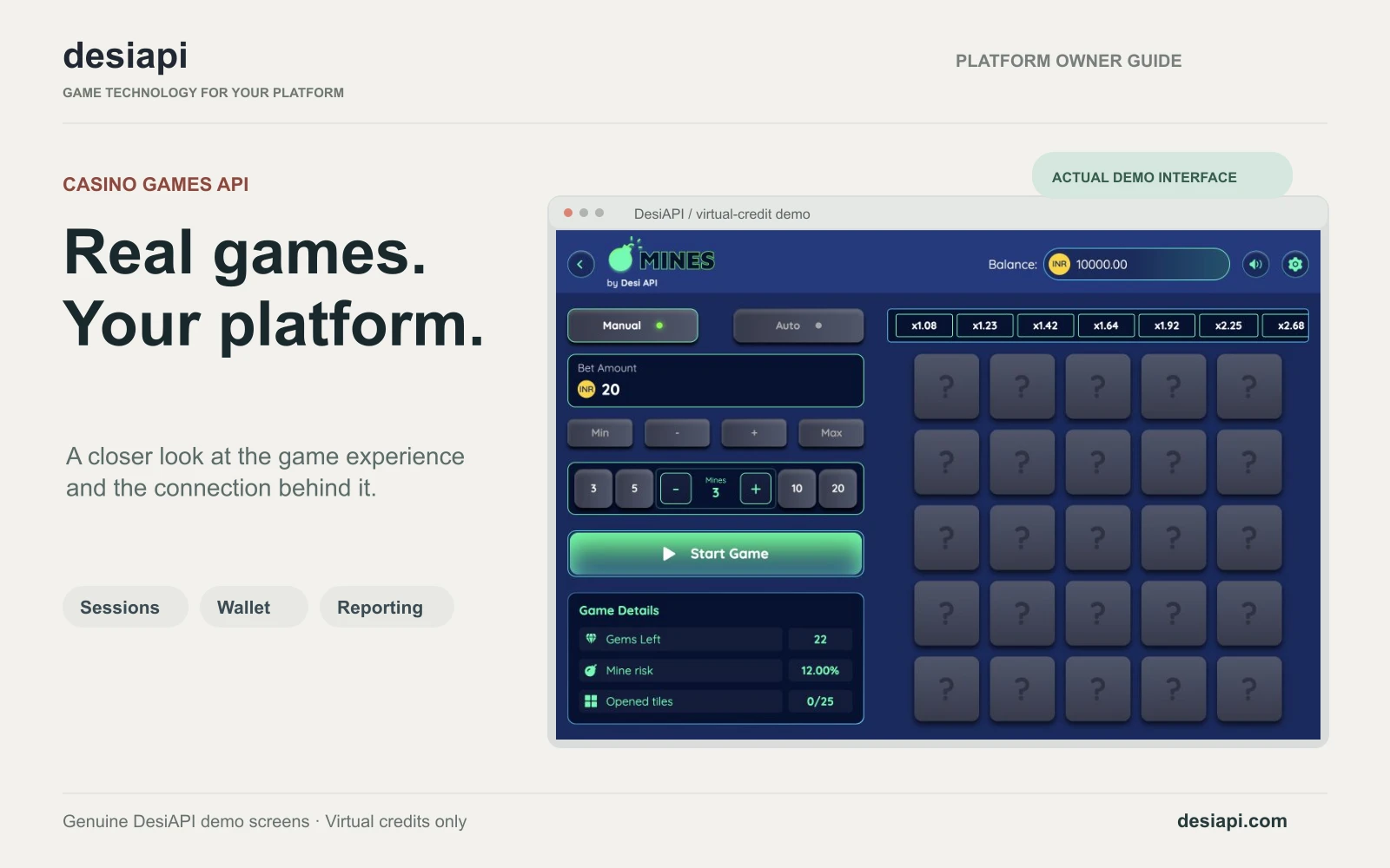 Actual DesiAPI Mines demo interface in a Casino Games API product overview