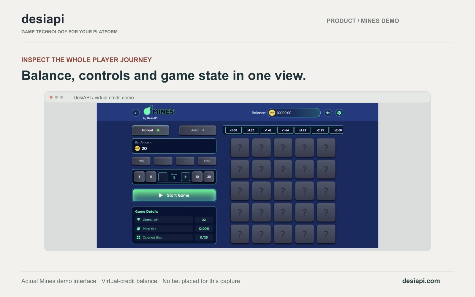 Actual DesiAPI Mines demo showing the virtual balance, stake controls and unrevealed tile grid