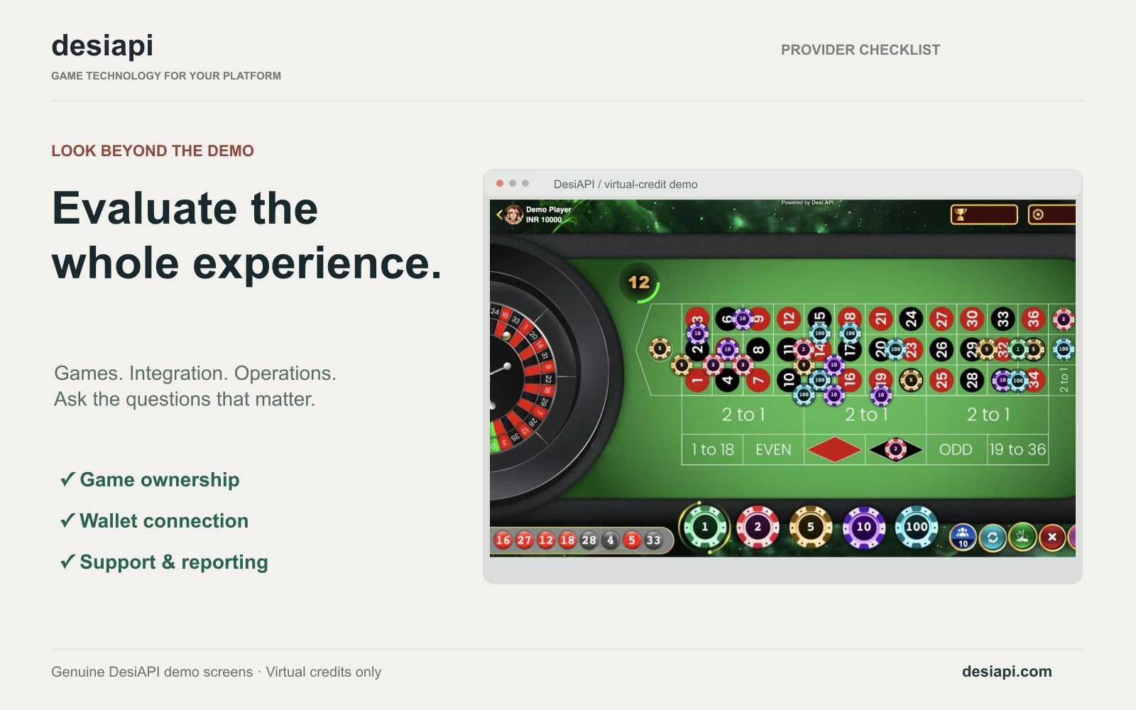 Actual DesiAPI Roulette demo interface with game ownership, wallet and support evaluation prompts