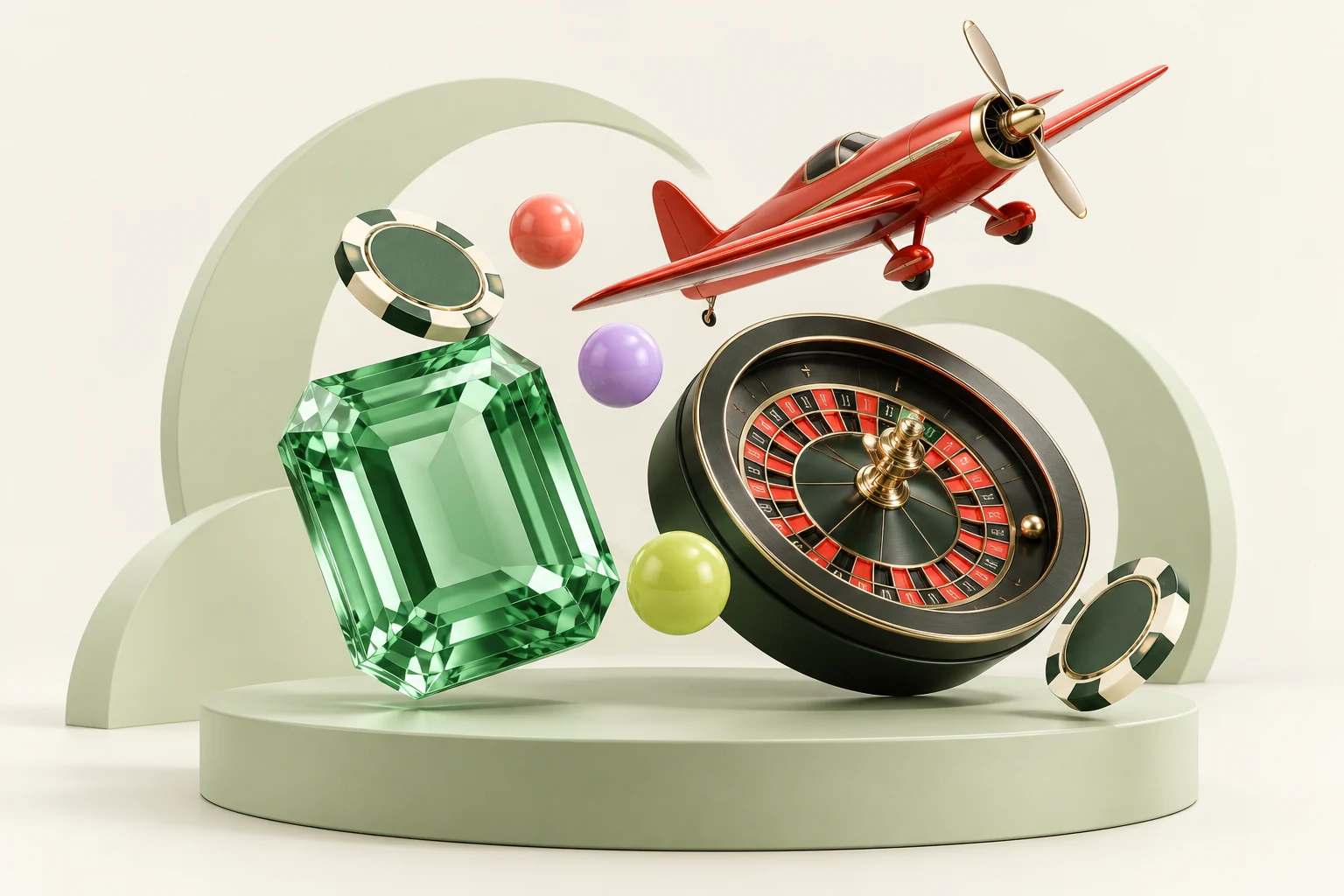 Red crash-game plane, green glass gem and roulette wheel in an ivory studio