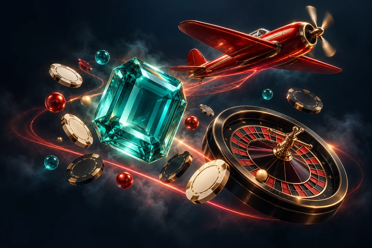 Original 3D artwork of an airplane, roulette wheel, gemstones and casino chips